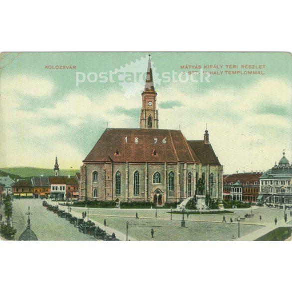 1910 – Kolozsvár. Mátyás Király téri részlet. Színezett fotólap, képeslap. (2791024)