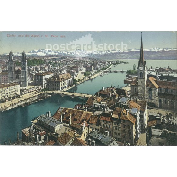 1911 – Zürich. A Zürichi-tó és a Szent Péter-templom. Színezett fotólap, képeslap. (2791041)