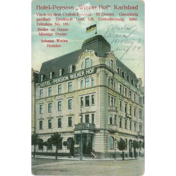 1914 – „Wiener Hof”, Karlsbad. Színezett fotólap, képeslap. (2791690)