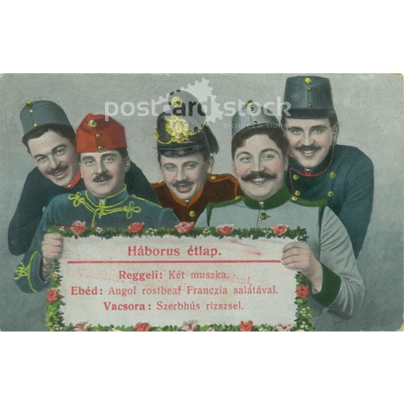 1914 – Háborús étlap, humoros menüvel. Képeslap, színezett fotólap. (2791818)