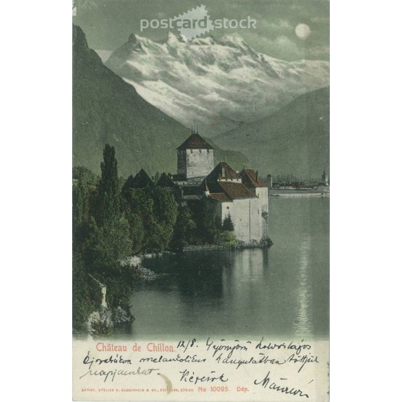 1905 – Chillon vára a Genfi-tó keleti végében. Svájc. Színezett fotólap, üdvözlőlap. (2791885)