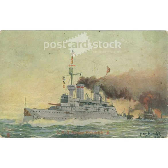 1909 – SMS Kaiser Friedrich III. csatahajó. Egyedi grafikával készült képeslap. (2792067)