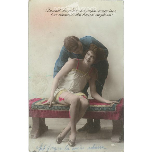 1910-es évek. Romantikus, francia képeslap, színezett fotólap. (2792316)