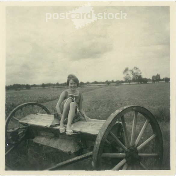 1963. Németország. Fiatal hölgy, egy mezőgazdasági gépen. Fekete-fehér eredeti papírkép, régi fotó. (2792494)