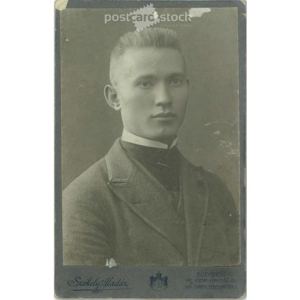 1900-as évek eleje. Budapest. Székely Aladár fényképészeti műterem munkája. Ismeretlen fiatalember portréfotója. Régi fotó, vizitkártya, CDV fotó. (2792607)