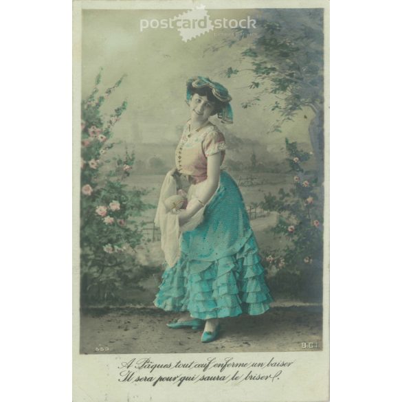 1907 – Húsvéti képeslap. Eredeti papírkép. Régi fotó. Színezett fotólap, régi képeslap. (2792648)