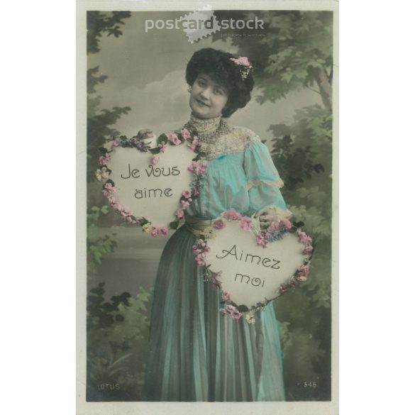 1907 – Romantikus képeslap. Eredeti papírkép. Régi fotó. Színezett fotólap, régi képeslap. (2792649)