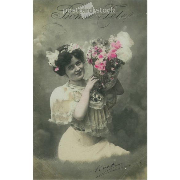 1907 – Romantikus képeslap. Eredeti papírkép. Régi fotó. Színezett fotólap, régi képeslap. (2792650)