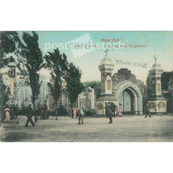 1900-as évek közepe. Angol Park bejárata. Budapest. Eredeti papírkép. Régi fotó. Színezett fotólap, régi képeslap. (2792654)