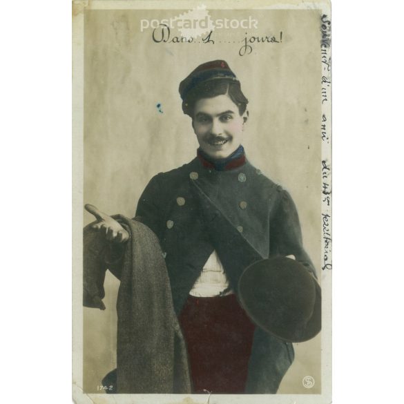 1907 – Vidám francia, romantikus képeslap. Eredeti papírkép. Régi fotó. Színezett fotólap, régi képeslap. (2792657)
