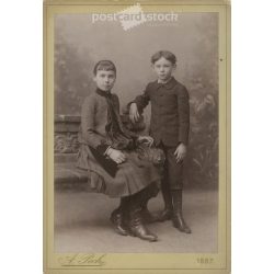   1887. Testvérpár, műtermi felvétele. Személyük ismeretlen. A fotó A. Pech, Budweis, Wiener Vorstadt 2. fényképészeti műtermében készült. Eredeti kabinetfotó / keményhátú fotó / régi fotó. (2792672)