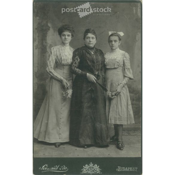1910-es évek. A csalág hölgy tagjai. A képen szereplők személye ismeretlen. A fotó Schmidt Ede fényképészeti műtermében készült, Budapesten. Régi fotó, eredeti kabinetfotó / keményhátú fotó. (2792679)