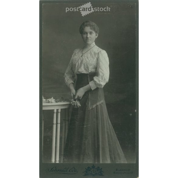 1910-es évek. Fiatal hölgy műtermi fotója. A hölgy személye ismeretlen. A fotó Schmidt Ede fényképészeti műtermében készült, Budapesten. Régi fotó, eredeti kabinetfotó / keményhátú fotó. (2792681)