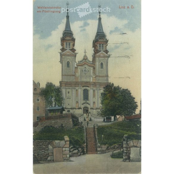 1924. Pöstlingberg zarándoktemplom. Linz. Papírkép, színezett fotó reprodukciója, régi képeslap, nyomat. (2792690)