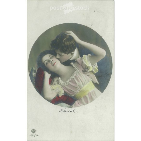 1910 – Romantikus képeslap. Eredeti papírkép. Régi fotó. Színezett fotólap, régi képeslap. (2792695)