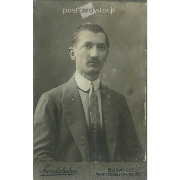 1900-as évek eleje. Fiatal férfi műtermi fotója. A képen szereplő személye ismeretlen. Szerdahelyi fényképészeti műterem munkája. Budapest. Régi fotó, vizitkártya, CDV fotó. (2792703)