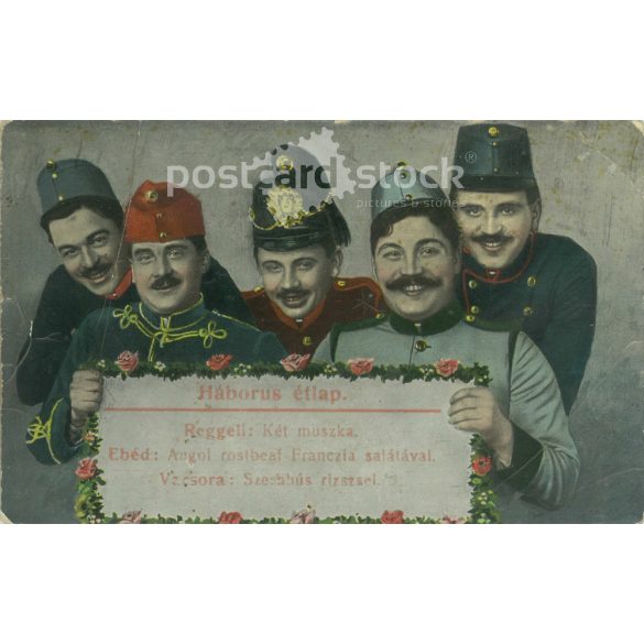 1914 – Háborús étlap, humoros menüvel. Régi fotó. Papírkép, színezett fotó reprodukciója, régi képeslap, nyomat. (27927179)