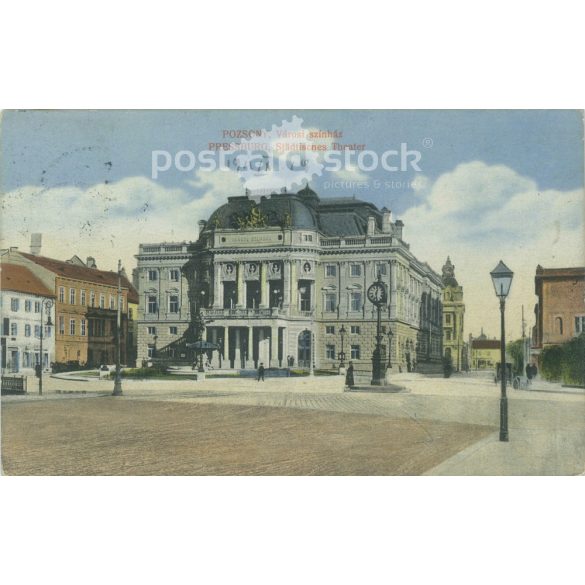 1912. Városi színház. Pozsony. Eredeti papírkép. Régi fotó. Színezett fotólap, régi képeslap. (2792730)