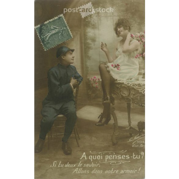 1918. Romantikus, katonai képeslap. Párizs. Eredeti papírkép. Régi fotó. Színezett fotólap, régi képeslap. (2792736)