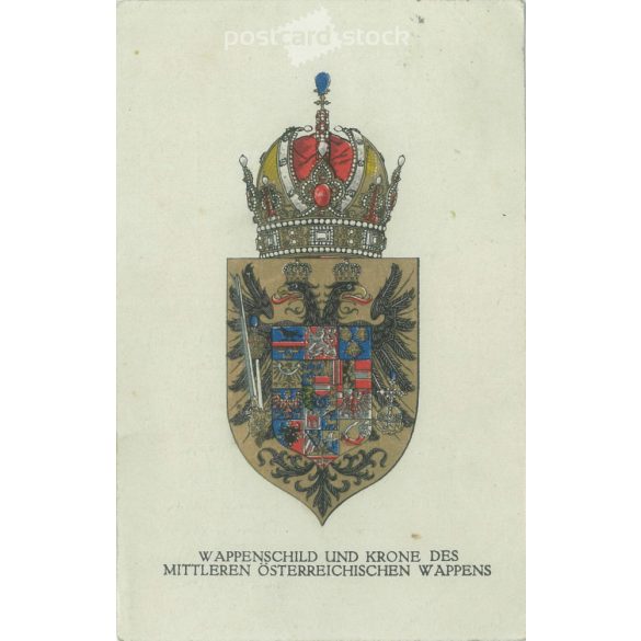 1916 – Osztrák címer pajzs és korona. Aranyozott grafika, régi képeslap. (27925738)