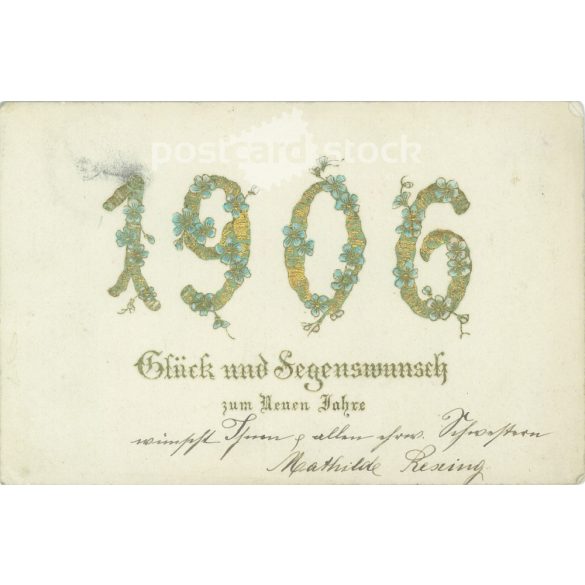 1906 – Újévi üdvözlet, régi képeslap, üdvözlőlap. Dombornyomott, aranyozott, litografált, egyedi grafika. (2792765)